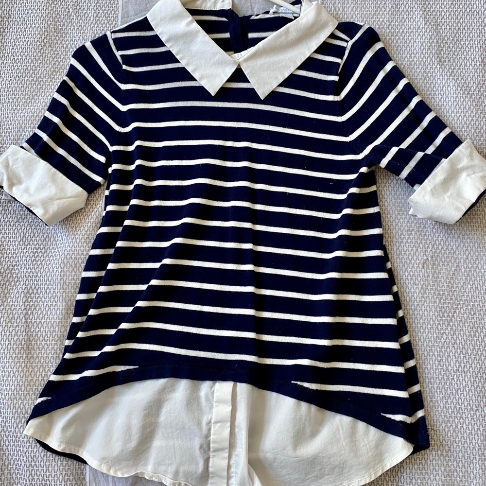 Navy Blue Striped Collared Blouse